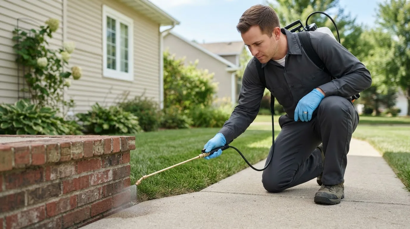 Pest control technician treating a home near Burnsville, NC